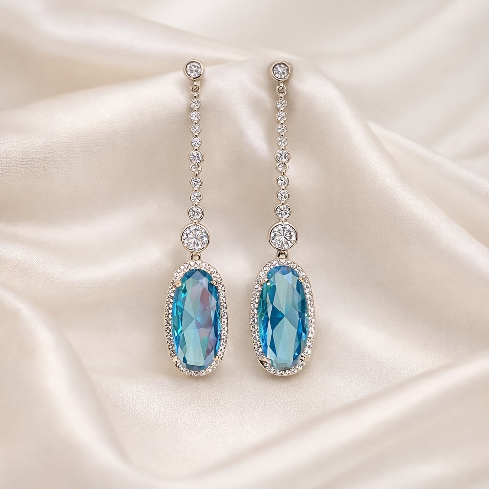 Radiant Blue Topaz Silver Diamond Earrings – Sophisticated & Feminine - Picture 1 of 5